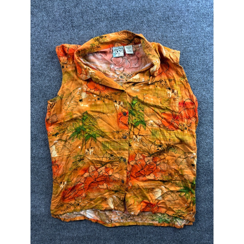 Big Dogs Hawaiian Shirt Womens XL Orange Tropical Hibiscus Rayon Sleeveless